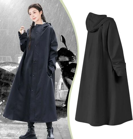 Rain Poncho Hooded Waterproof Raincoat Long Oxford Cloth Jacket with Full Coverage Windproof Reusable Feature Suitable for Men Women Outdoor Commuting, Black M in Saudi Arabia
