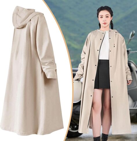 Rain Poncho Hooded Waterproof Raincoat Long Oxford Cloth Jacket with Full Coverage Windproof Reusable Feature Suitable for Men Women Outdoor Commuting, Khaki M in Saudi Arabia