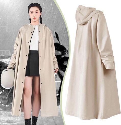 Rain Poncho Hooded Waterproof Raincoat Long Oxford Cloth Jacket with Full Coverage Windproof Reusable Feature Suitable for Men Women Outdoor Commuting, Khaki M in Saudi Arabia