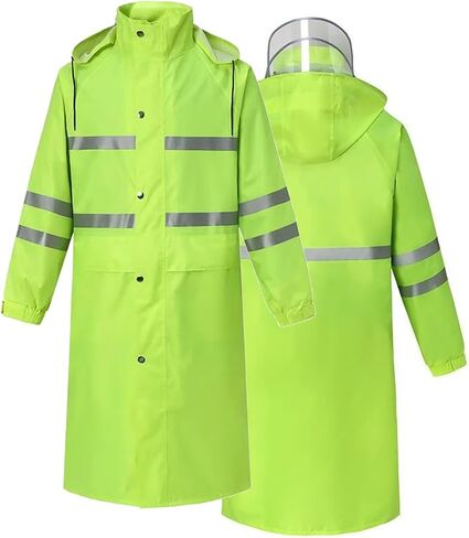 High Visibility Green Long Raincoat for Men Waterproof Hooded Poncho with Clear Visor Reflective Strips for Cycling in Kuwait