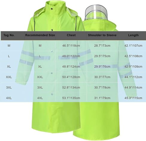 High Visibility Green Long Raincoat for Men Waterproof Hooded Poncho with Clear Visor Reflective Strips for Cycling in Kuwait
