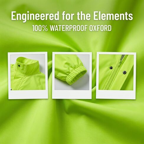 High Visibility Green Long Raincoat for Men Waterproof Hooded Poncho with Clear Visor Reflective Strips for Cycling in Kuwait