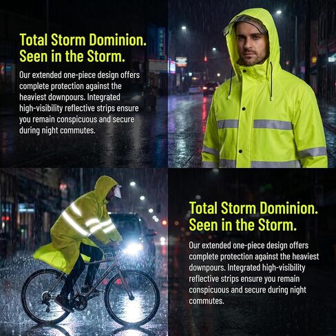 High Visibility Green Long Raincoat for Men Waterproof Hooded Poncho with Clear Visor Reflective Strips for Cycling in Kuwait