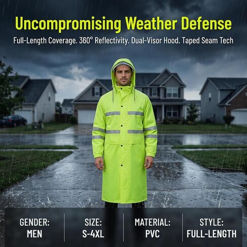 High Visibility Green Long Raincoat for Men Waterproof Hooded Poncho with Clear Visor Reflective Strips for Cycling in Kuwait