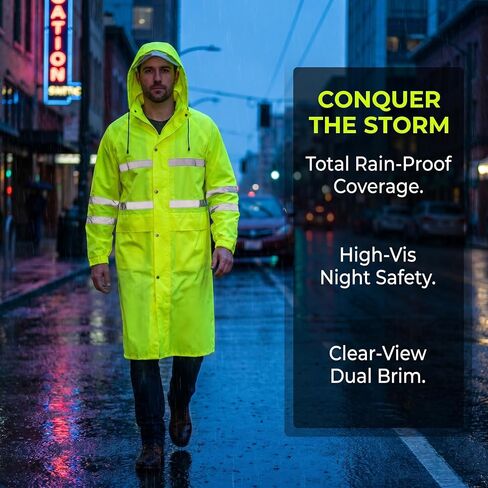 High Visibility Green Long Raincoat for Men Waterproof Hooded Poncho with Clear Visor Reflective Strips for Cycling in Kuwait