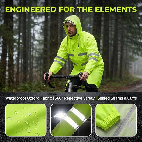 High Visibility Green Long Raincoat for Men Waterproof Hooded Poncho with Clear Visor Reflective Strips for Cycling in Kuwait