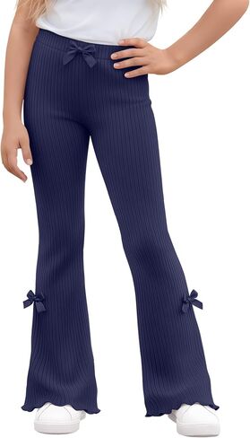 Xaatren Girls Flare Leggings Ribbed Knit Ruffle Trim Kids Pants Elastic Waist Solid Bell Bottoms with Cute Bow Teen Trendy in Kuwait