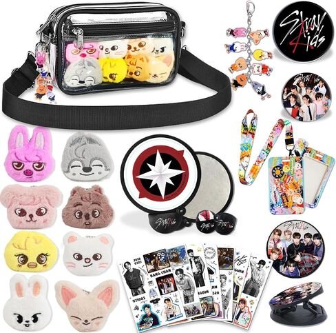 Stray Kids Merch Gifts Set Including Kpop Display Bag, 8x Stray Kids Stickers, 8 Skzoo Plush, Skzoo Keychain, 2x Button Pins Badges, Collapsible Reflector Fan, Lanyard ID Holder, Phone Grip for Stay in Saudi Arabia