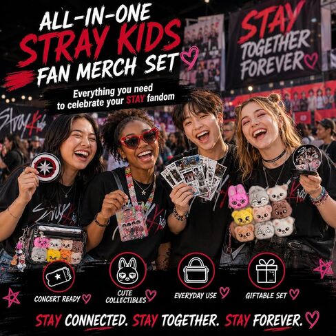 Stray Kids Merch Gifts Set Including Kpop Display Bag, 8x Stray Kids Stickers, 8 Skzoo Plush, Skzoo Keychain, 2x Button Pins Badges, Collapsible Reflector Fan, Lanyard ID Holder, Phone Grip for Stay in Saudi Arabia