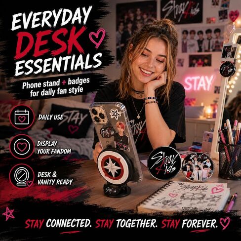 Stray Kids Merch Gifts Set Including Kpop Display Bag, 8x Stray Kids Stickers, 8 Skzoo Plush, Skzoo Keychain, 2x Button Pins Badges, Collapsible Reflector Fan, Lanyard ID Holder, Phone Grip for Stay in Saudi Arabia
