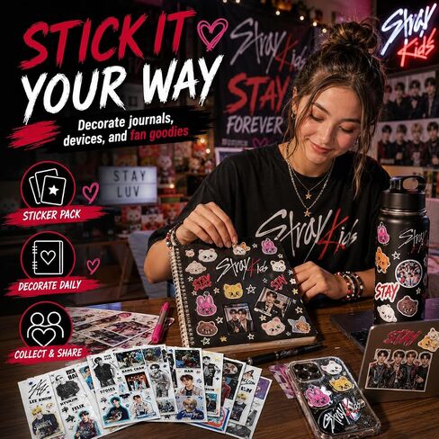 Stray Kids Merch Gifts Set Including Kpop Display Bag, 8x Stray Kids Stickers, 8 Skzoo Plush, Skzoo Keychain, 2x Button Pins Badges, Collapsible Reflector Fan, Lanyard ID Holder, Phone Grip for Stay in Saudi Arabia