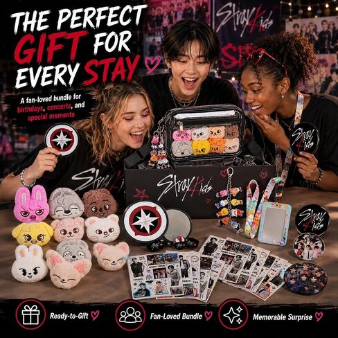 Stray Kids Merch Gifts Set Including Kpop Display Bag, 8x Stray Kids Stickers, 8 Skzoo Plush, Skzoo Keychain, 2x Button Pins Badges, Collapsible Reflector Fan, Lanyard ID Holder, Phone Grip for Stay in Saudi Arabia