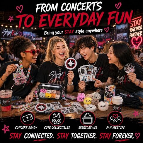Stray Kids Merch Gifts Set Including Kpop Display Bag, 8x Stray Kids Stickers, 8 Skzoo Plush, Skzoo Keychain, 2x Button Pins Badges, Collapsible Reflector Fan, Lanyard ID Holder, Phone Grip for Stay in Saudi Arabia