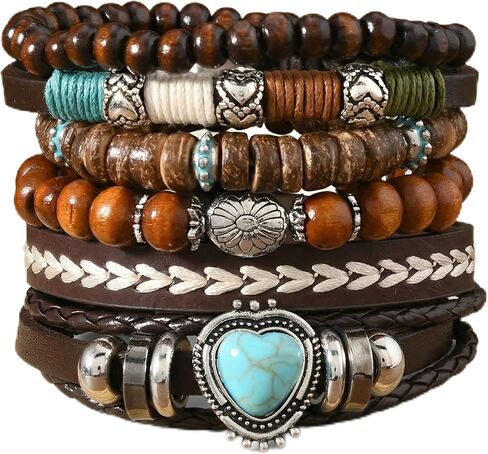 6PCS Boho Western Bracelets for Women Men,Vintage Stackable Turquoise Bracelet, Country Cowboy Cowgirl Jewelry, Multi-Layer Wooden Beaded and Braided Leather Bracelet Set in Saudi Arabia