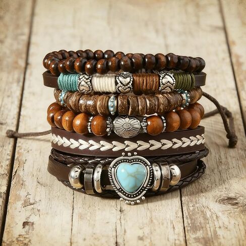 6PCS Boho Western Bracelets for Women Men,Vintage Stackable Turquoise Bracelet, Country Cowboy Cowgirl Jewelry, Multi-Layer Wooden Beaded and Braided Leather Bracelet Set in Saudi Arabia