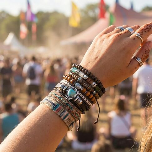 6PCS Boho Western Bracelets for Women Men,Vintage Stackable Turquoise Bracelet, Country Cowboy Cowgirl Jewelry, Multi-Layer Wooden Beaded and Braided Leather Bracelet Set in Saudi Arabia