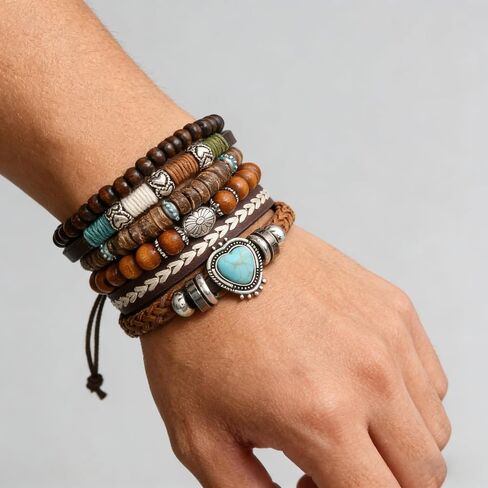 6PCS Boho Western Bracelets for Women Men,Vintage Stackable Turquoise Bracelet, Country Cowboy Cowgirl Jewelry, Multi-Layer Wooden Beaded and Braided Leather Bracelet Set in Saudi Arabia