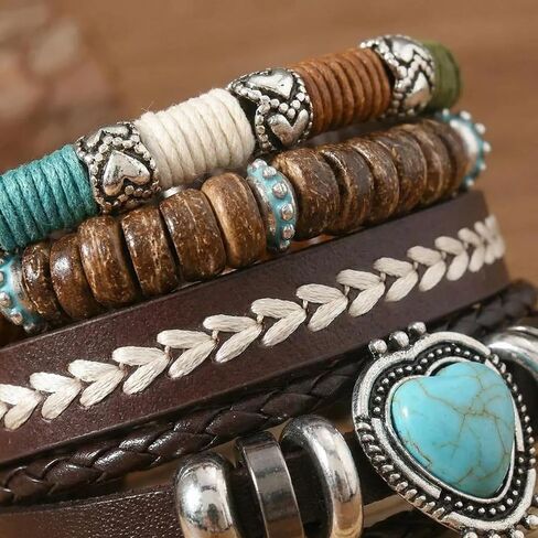 6PCS Boho Western Bracelets for Women Men,Vintage Stackable Turquoise Bracelet, Country Cowboy Cowgirl Jewelry, Multi-Layer Wooden Beaded and Braided Leather Bracelet Set in Saudi Arabia