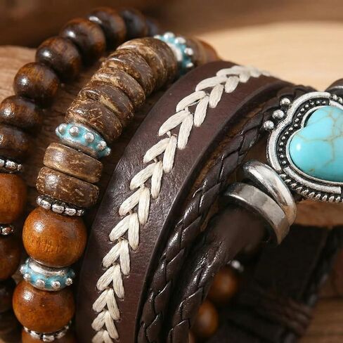 6PCS Boho Western Bracelets for Women Men,Vintage Stackable Turquoise Bracelet, Country Cowboy Cowgirl Jewelry, Multi-Layer Wooden Beaded and Braided Leather Bracelet Set in Saudi Arabia