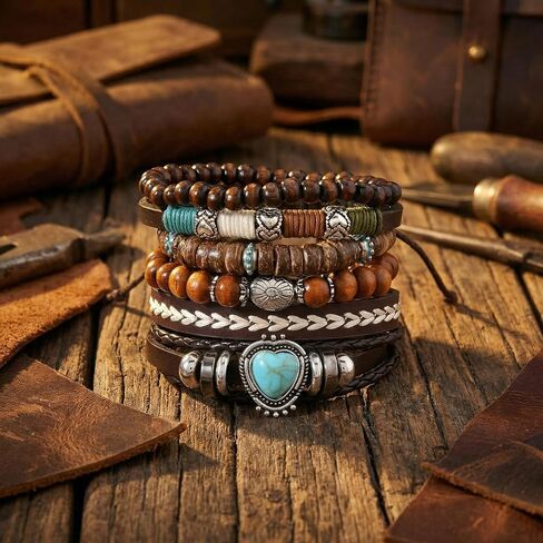 6PCS Boho Western Bracelets for Women Men,Vintage Stackable Turquoise Bracelet, Country Cowboy Cowgirl Jewelry, Multi-Layer Wooden Beaded and Braided Leather Bracelet Set in Saudi Arabia