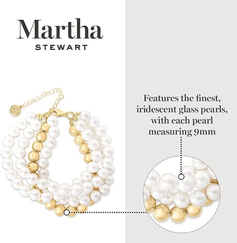 Martha Stewart Four-Strand Pearl Bracelet | 9mm Iridescent Glass Pearls & Gold Balls | 7 Inch Chain Length w/Easy-Clasp Design | Elegant & Timeless Pearl Jewelry for Women in Kuwait