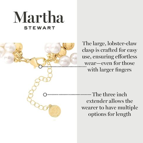 Martha Stewart Four-Strand Pearl Bracelet | 9mm Iridescent Glass Pearls & Gold Balls | 7 Inch Chain Length w/Easy-Clasp Design | Elegant & Timeless Pearl Jewelry for Women in Kuwait