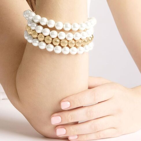 Martha Stewart Four-Strand Pearl Bracelet | 9mm Iridescent Glass Pearls & Gold Balls | 7 Inch Chain Length w/Easy-Clasp Design | Elegant & Timeless Pearl Jewelry for Women in Kuwait