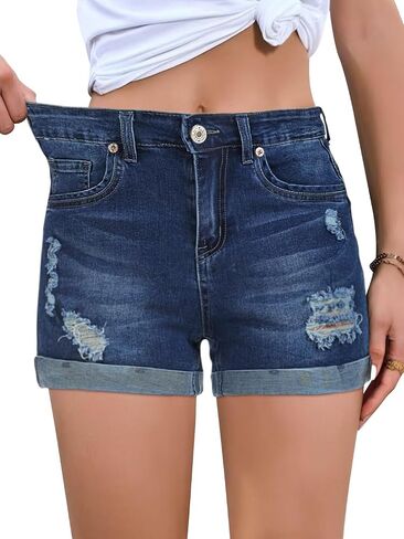 FEKOAFE 2026 Womens Casual Mid/High Waisted Denim Shorts Summer Stretchy Ripped Jean Shorts for Women in Saudi Arabia
