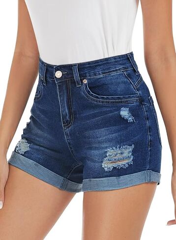 FEKOAFE 2026 Womens Casual Mid/High Waisted Denim Shorts Summer Stretchy Ripped Jean Shorts for Women in Saudi Arabia