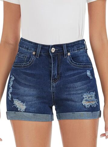 FEKOAFE 2026 Womens Casual Mid/High Waisted Denim Shorts Summer Stretchy Ripped Jean Shorts for Women in Saudi Arabia