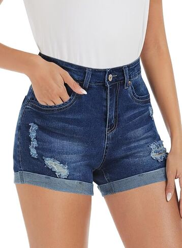 FEKOAFE 2026 Womens Casual Mid/High Waisted Denim Shorts Summer Stretchy Ripped Jean Shorts for Women in Saudi Arabia