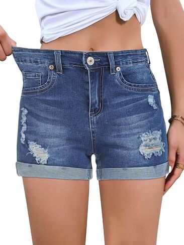 FEKOAFE 2026 Womens Casual Mid/High Waisted Denim Shorts Summer Stretchy Ripped Jean Shorts for Women in Saudi Arabia