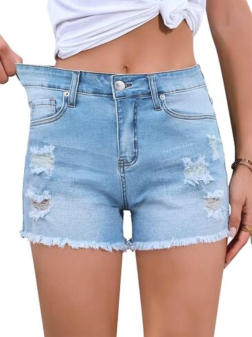 FEKOAFE 2026 Womens Casual Mid/High Waisted Denim Shorts Summer Stretchy Ripped Jean Shorts for Women in Saudi Arabia