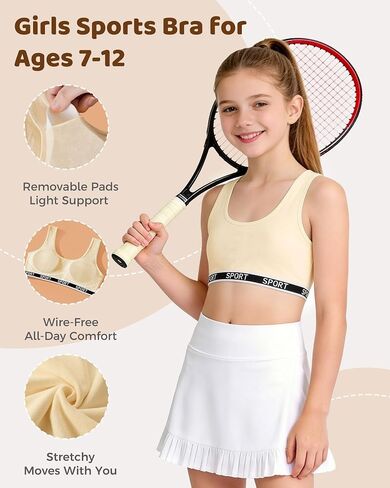 Etdane Girls Sports Bra with Removable Pads 7-8 8-10 10-12 Cotton Wireless Training Bras for Girls Crop Vest, 5 Pack in Kuwait