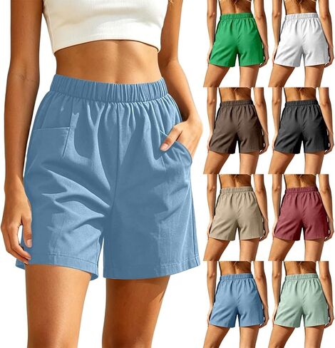 Aniywn Women Linen Shorts with Pockets Casual Lightweight Summer Elastic High Waist Wide Leg Lounge Beach Travel Short Pants in Kuwait