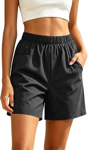 Aniywn Women Linen Shorts with Pockets Casual Lightweight Summer Elastic High Waist Wide Leg Lounge Beach Travel Short Pants in Kuwait