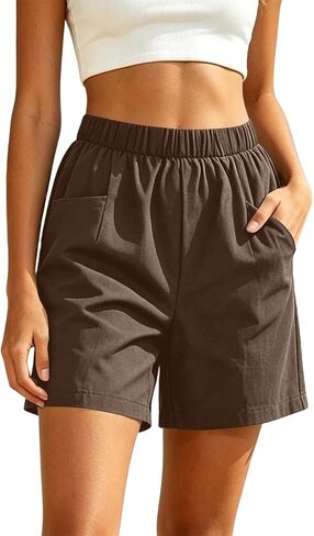 Aniywn Women Linen Shorts with Pockets Casual Lightweight Summer Elastic High Waist Wide Leg Lounge Beach Travel Short Pants in Kuwait