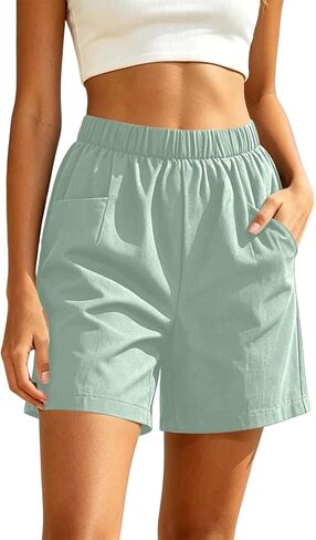 Aniywn Women Linen Shorts with Pockets Casual Lightweight Summer Elastic High Waist Wide Leg Lounge Beach Travel Short Pants in Kuwait