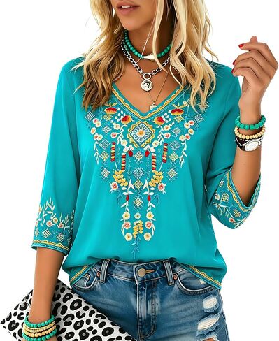 Higustar Mexican Tops for Women Embroidered Shirts Bohemian Hippie Clothes Tunic Fiesta Plus Size Boho Peasant Blouses in Saudi Arabia