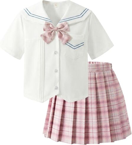 2-Piece Girls Plaid Skirt Set School Uniform JK Outfit - Short Sleeve Shirt with Bow & Pleated Skirt 4T-14Y in Saudi Arabia
