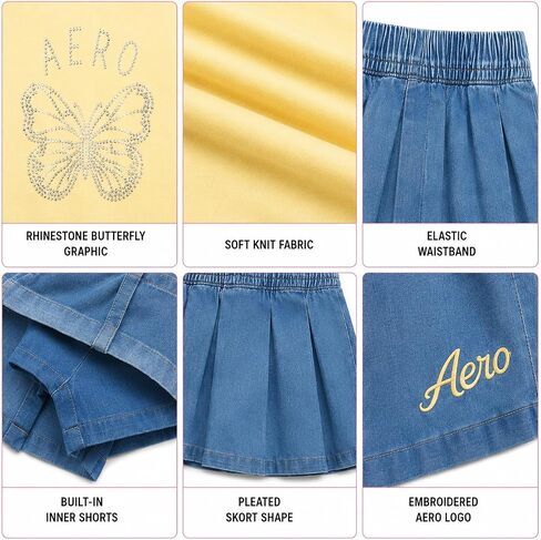 مجموعة تنورة للفتيات من AEROPOSTALE - تيشيرتات برسومات من مزيج القطن الناعم وحجر الراين وأكمام قصيرة وتنورة من قماش الدنيم للفتيات in Kuwait