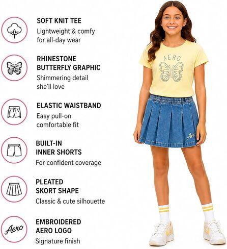 مجموعة تنورة للفتيات من AEROPOSTALE - تيشيرتات برسومات من مزيج القطن الناعم وحجر الراين وأكمام قصيرة وتنورة من قماش الدنيم للفتيات in Kuwait