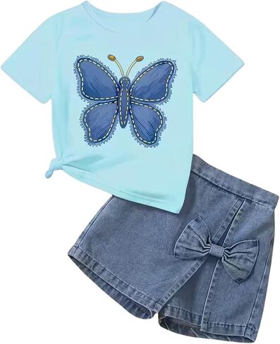 Ayzozuy Toddler Girl Outfits 3D Pearl Butterfly Print Short Sleeve T-Shirt + Bow Denim Girls Skort Set For Kis Size 4-8 in Saudi Arabia