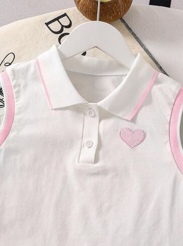 طقم ملابس للفتيات مكون من قطعتين من قميص بولو برسوم قلب Preppy بدون أكمام وياقة قصيرة وتنورة مطوية in Kuwait