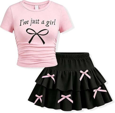Teenage Girls Skirt Set 2 Piece Short Sleeve Top Shirred Tiered Skirt Outfit Skirt for Teen Girls 7-13 Years in Kuwait