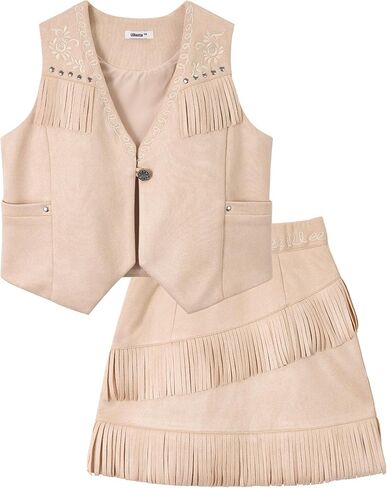 LOLANTA Cowgirl Outfits for Girls, Boho Western Fringe Vest Skirt 2Pcs Set, Kids Suede Tassel Country Concert Rodeo Clothes in Kuwait