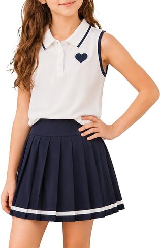 طقم ملابس للفتيات مكون من قطعتين من قميص بولو برسوم قلب Preppy بدون أكمام وياقة قصيرة وتنورة مطوية in Kuwait