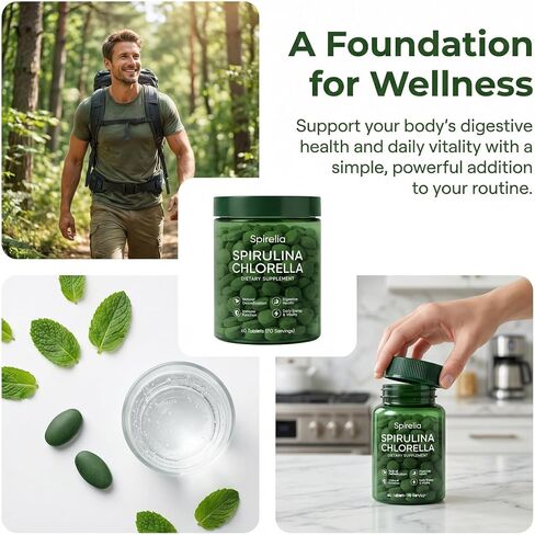 Spirelia Spirulina & Chlorella Tablets, Plant-Based Complex with Protein & Nutrients, Non-GMO, Gluten-Free, 60 Tablets (30-Day Supply) in Kuwait