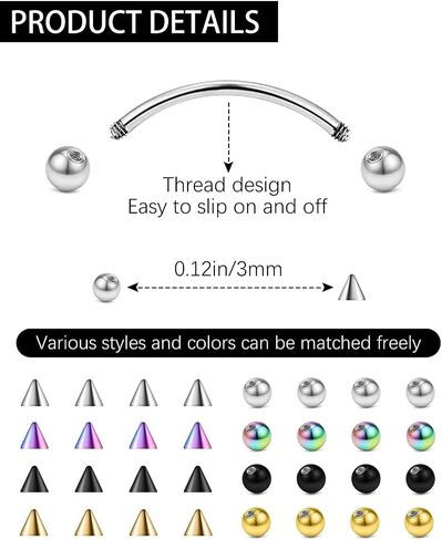 JELIEE 64pcs Eyebrow Piercing Jewelry Surgical Steel Rook Piercing Jewelry Curved Barbell Tiny Eyebrow Ring Vertical Labret Lip Jewelry Ear Rook Helix Conch Daith For Women Men 16g 6mm/8mm/10mm/12mm in Kuwait