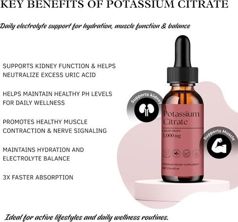DLS Potassium Citrate Liquid & High Potassium Supplement 1000 mg Drops – Absorption Electrolyte & Kidney Support – Uric Acid Balance, Muscle & Nerve Function – Non-GMO, Vegan, Sugar Free 60 ml 2 fl oz in Saudi Arabia